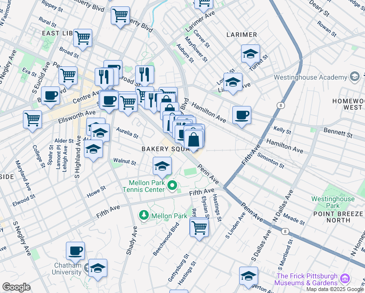 map of restaurants, bars, coffee shops, grocery stores, and more near 6425 Penn Avenue in Pittsburgh