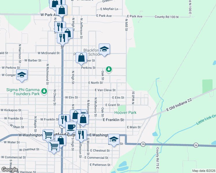 map of restaurants, bars, coffee shops, grocery stores, and more near 412 East Van Cleve Street in Hartford City