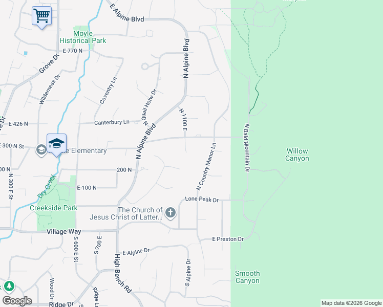 map of restaurants, bars, coffee shops, grocery stores, and more near 268 East Field Circle in Alpine