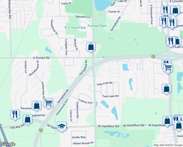 map of restaurants, bars, coffee shops, grocery stores, and more near 1901 South Morris Avenue in Bloomington