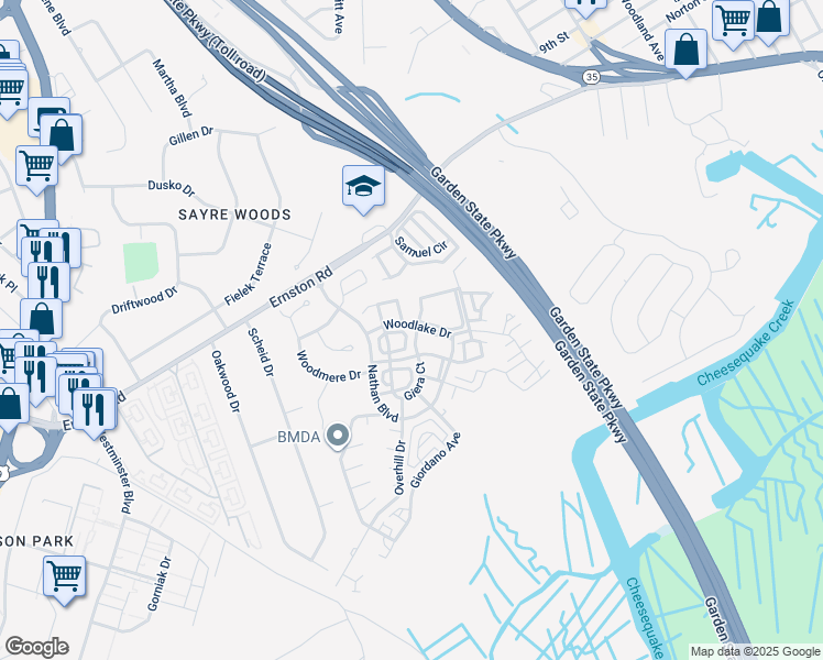 map of restaurants, bars, coffee shops, grocery stores, and more near 121 Giera Court in Sayreville