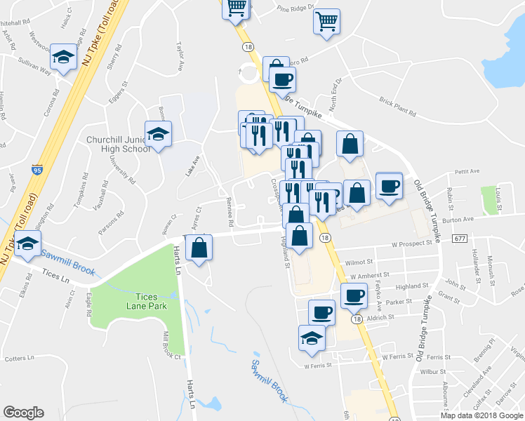 map of restaurants, bars, coffee shops, grocery stores, and more near 23 Lear Court in East Brunswick