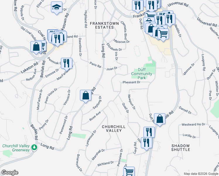 map of restaurants, bars, coffee shops, grocery stores, and more near 12124 Joan Drive in Pittsburgh