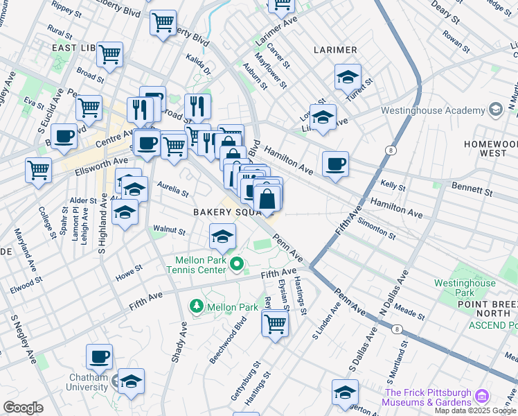 map of restaurants, bars, coffee shops, grocery stores, and more near 6425 Penn Avenue in Pittsburgh