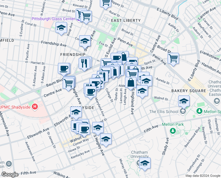 map of restaurants, bars, coffee shops, grocery stores, and more near in Pittsburgh