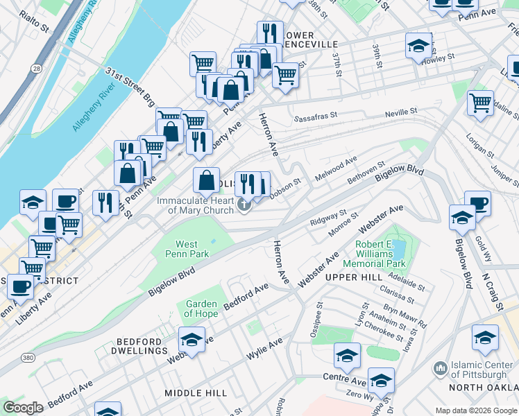 map of restaurants, bars, coffee shops, grocery stores, and more near 3116 Brereton Street in Pittsburgh