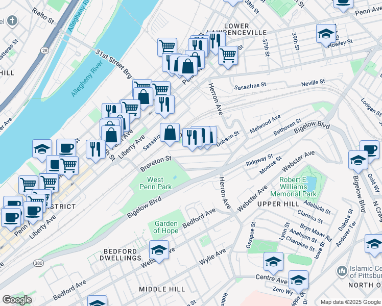 map of restaurants, bars, coffee shops, grocery stores, and more near 3058 Brereton Street in Pittsburgh