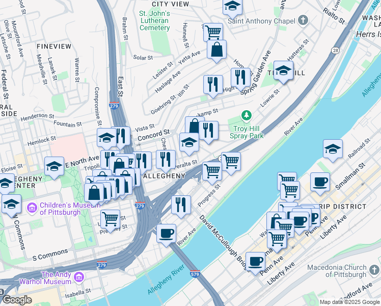 map of restaurants, bars, coffee shops, grocery stores, and more near 1018 Peralta Street in Pittsburgh