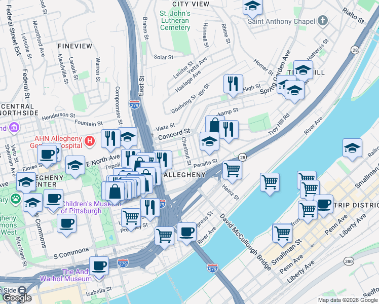 map of restaurants, bars, coffee shops, grocery stores, and more near 908 Chestnut Street in Pittsburgh