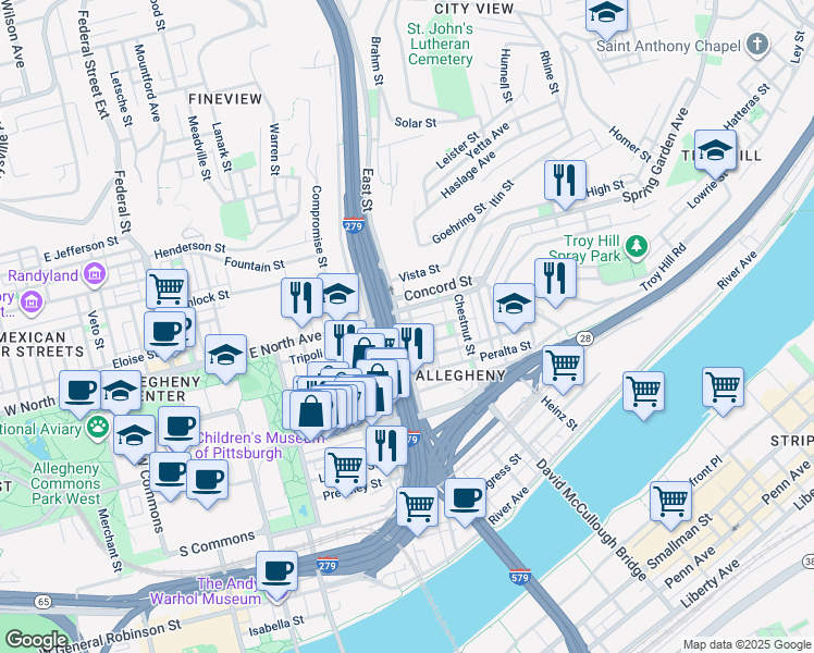 map of restaurants, bars, coffee shops, grocery stores, and more near 1000 Madison Avenue in Pittsburgh
