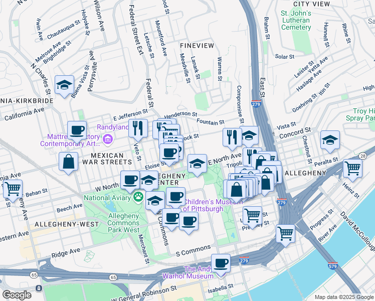 map of restaurants, bars, coffee shops, grocery stores, and more near 1214 Loraine Street in Pittsburgh