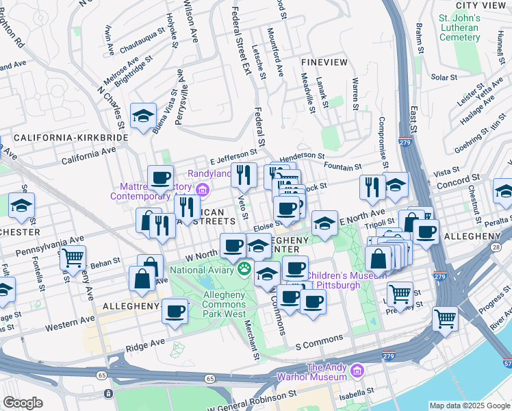 map of restaurants, bars, coffee shops, grocery stores, and more near 1231 Butterfield Way in Pittsburgh