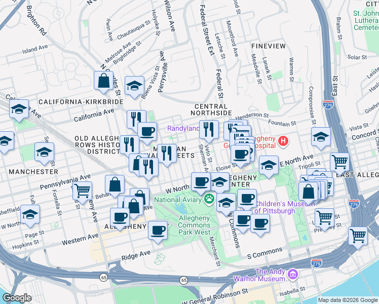 map of restaurants, bars, coffee shops, grocery stores, and more near 409 North Taylor Avenue in Pittsburgh