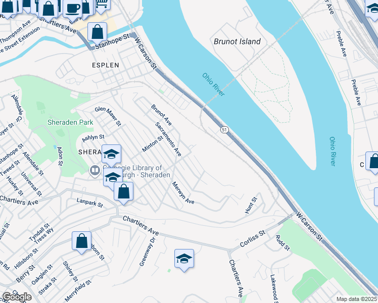 map of restaurants, bars, coffee shops, grocery stores, and more near 2900 Sacramento Avenue in Pittsburgh