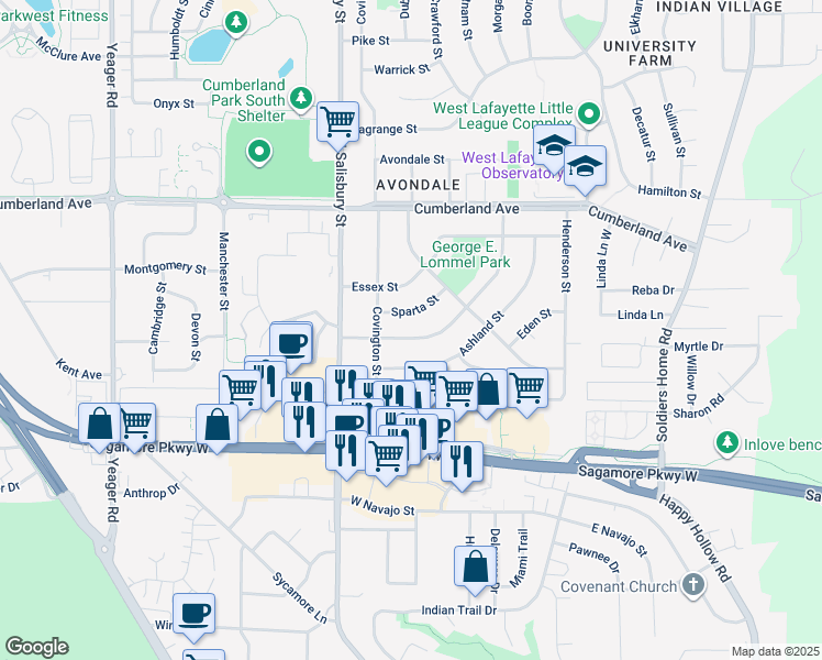 map of restaurants, bars, coffee shops, grocery stores, and more near 855 Barlow Street in West Lafayette