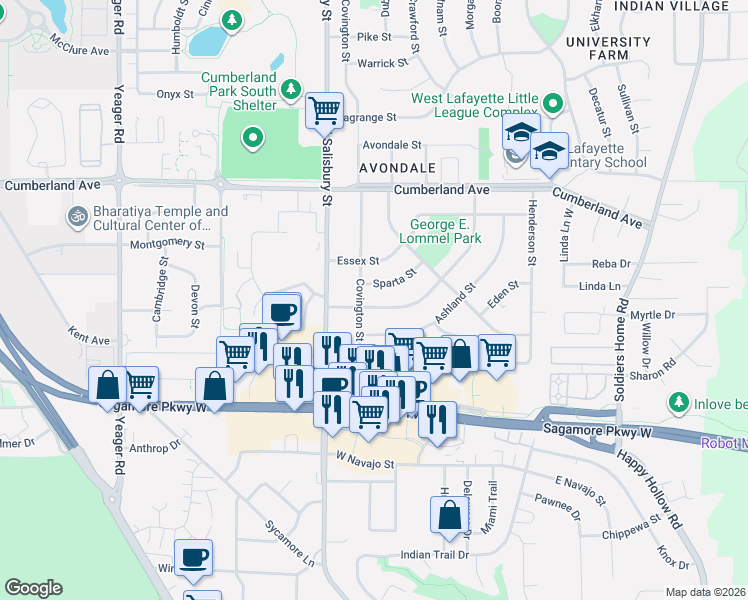 map of restaurants, bars, coffee shops, grocery stores, and more near 855 Barlow Street in West Lafayette
