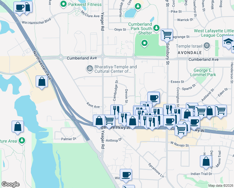 map of restaurants, bars, coffee shops, grocery stores, and more near 1000 Eton Street in West Lafayette
