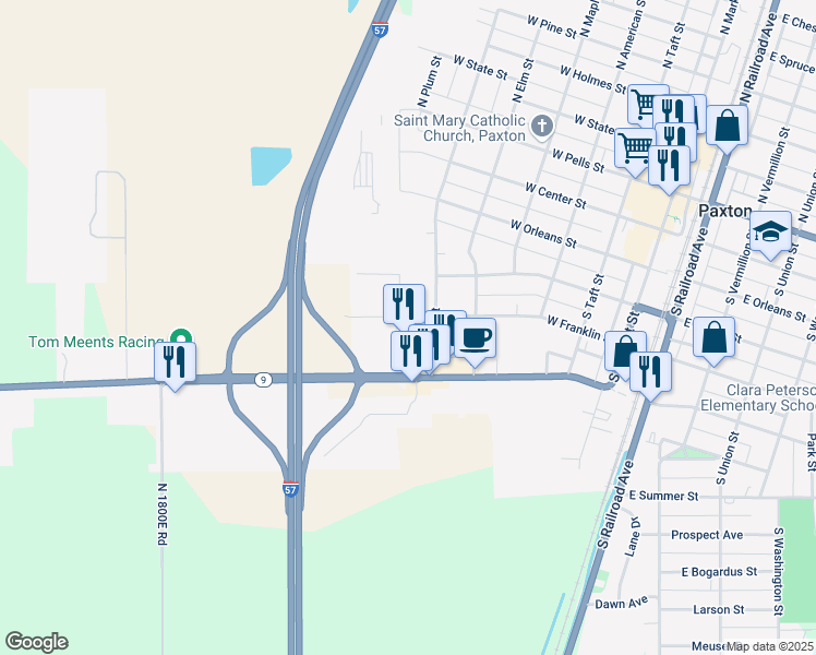 map of restaurants, bars, coffee shops, grocery stores, and more near 656 West Franklin Street in Paxton