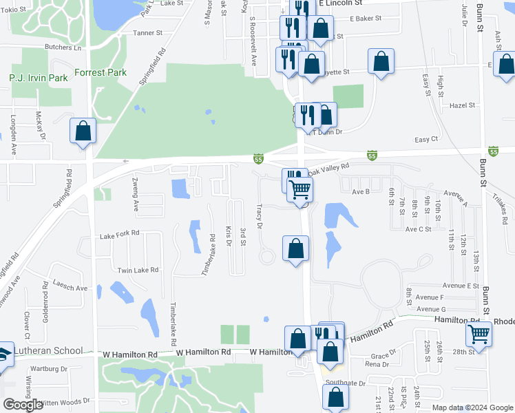 map of restaurants, bars, coffee shops, grocery stores, and more near 1912 Tracy Drive in Bloomington