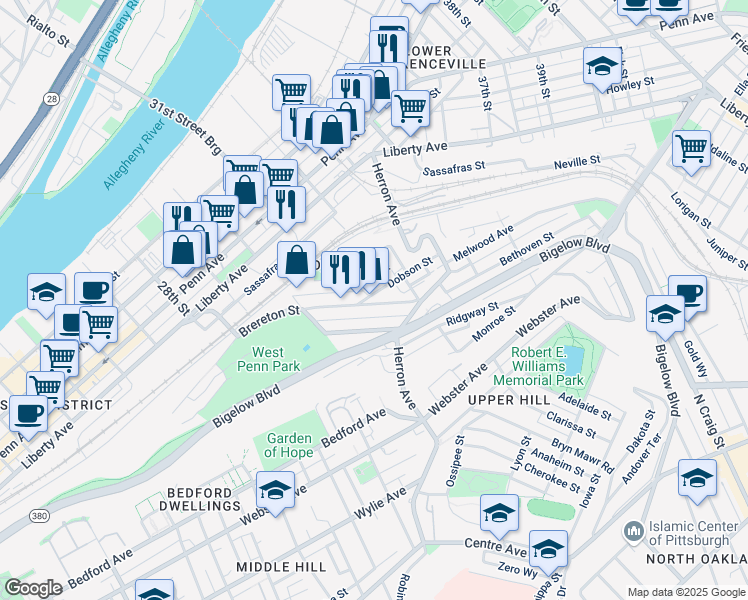 map of restaurants, bars, coffee shops, grocery stores, and more near 3116 Brereton Street in Pittsburgh