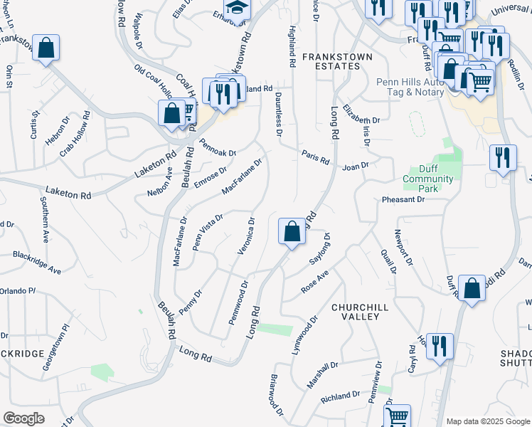 map of restaurants, bars, coffee shops, grocery stores, and more near 414 Pennwood Drive in Pittsburgh