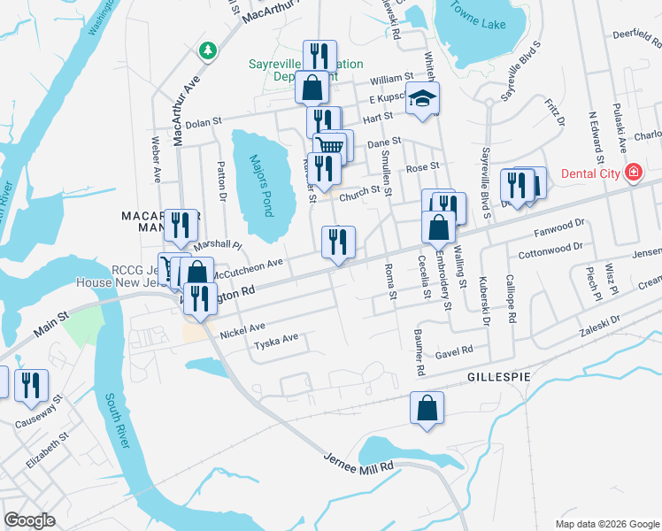 map of restaurants, bars, coffee shops, grocery stores, and more near 144 Washington Road in Sayreville