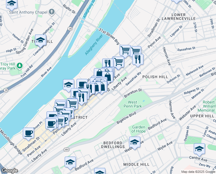 map of restaurants, bars, coffee shops, grocery stores, and more near 2744 Spring Way in Pittsburgh