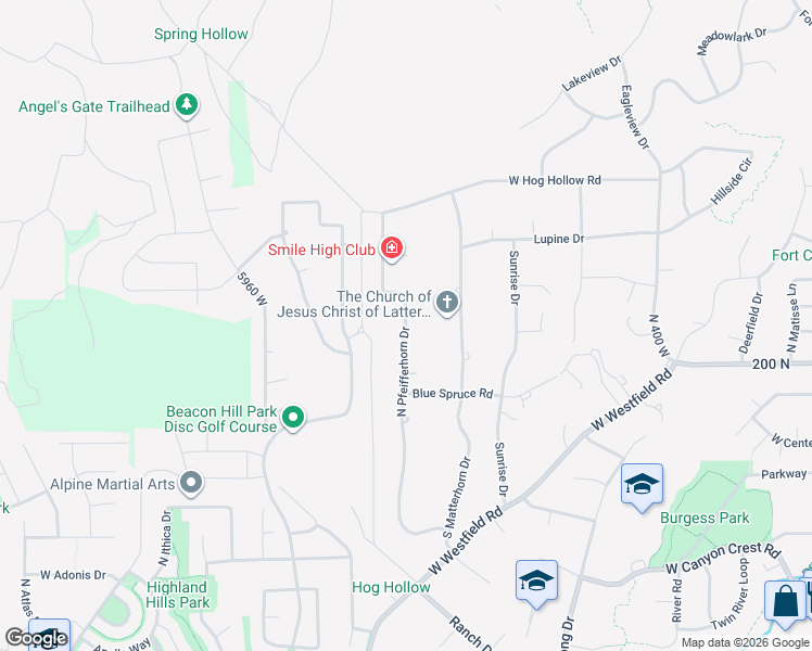 map of restaurants, bars, coffee shops, grocery stores, and more near 315 North Pfeifferhorn Drive in Alpine