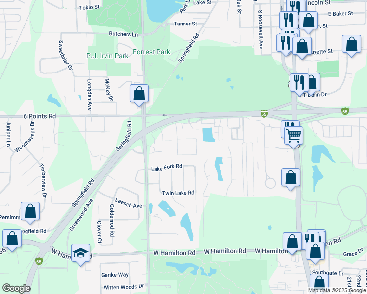 map of restaurants, bars, coffee shops, grocery stores, and more near Zenith Dr in Bloomington
