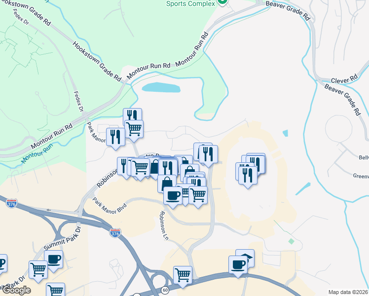 map of restaurants, bars, coffee shops, grocery stores, and more near 1369-1627 Robinson Town Centre Boulevard in McKees Rocks