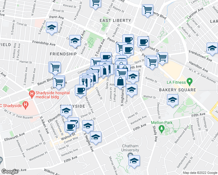 map of restaurants, bars, coffee shops, grocery stores, and more near 321 Spahr Street in Pittsburgh