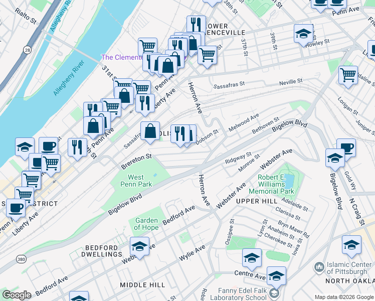 map of restaurants, bars, coffee shops, grocery stores, and more near 3116 Brereton Street in Pittsburgh