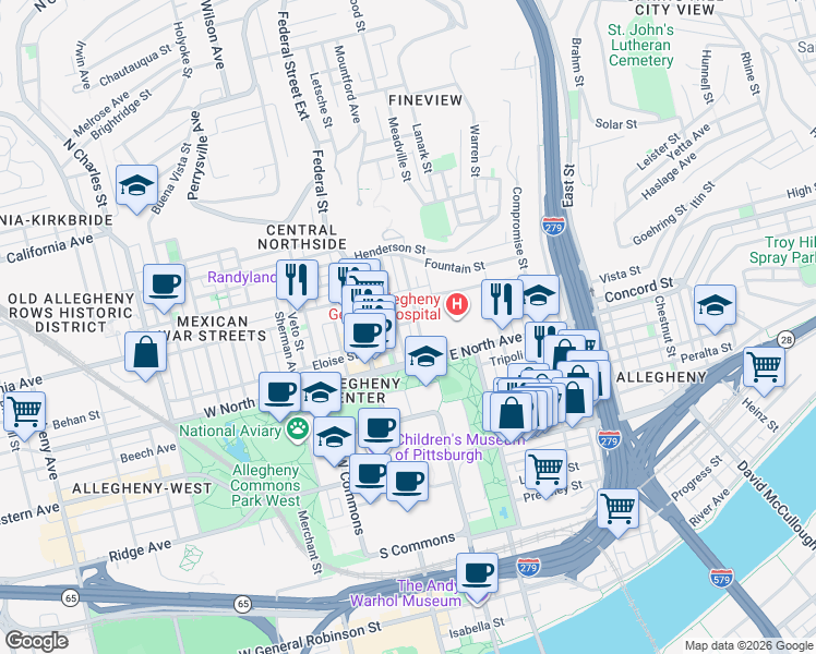 map of restaurants, bars, coffee shops, grocery stores, and more near 1214 Loraine Street in Pittsburgh
