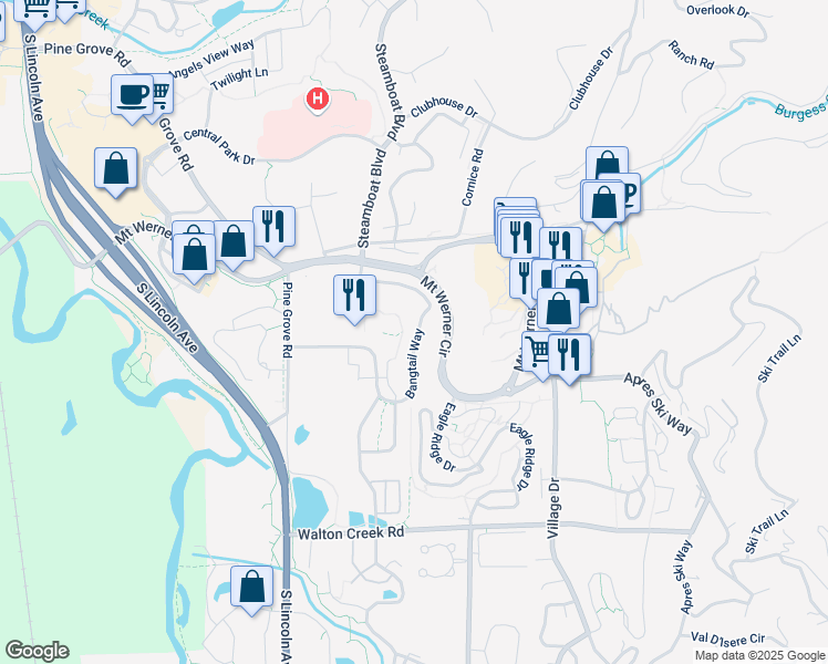 map of restaurants, bars, coffee shops, grocery stores, and more near 1468 Bangtail Way in Steamboat Springs