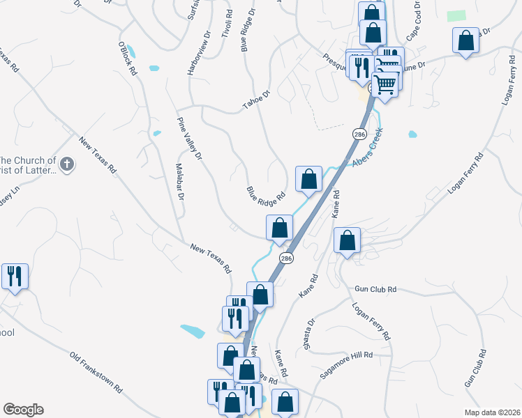map of restaurants, bars, coffee shops, grocery stores, and more near 836 Blue Ridge Road in Pittsburgh