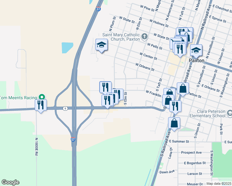 map of restaurants, bars, coffee shops, grocery stores, and more near 656 West Franklin Street in Paxton