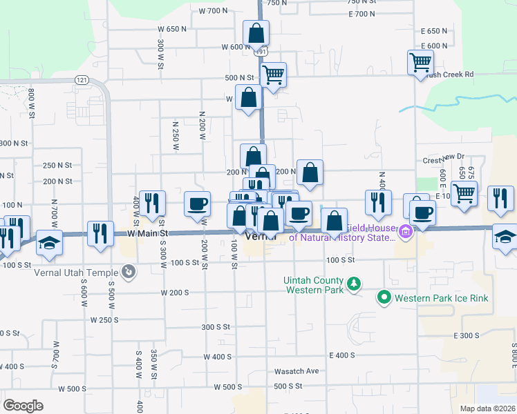map of restaurants, bars, coffee shops, grocery stores, and more near 79 North Vernal Avenue in Vernal