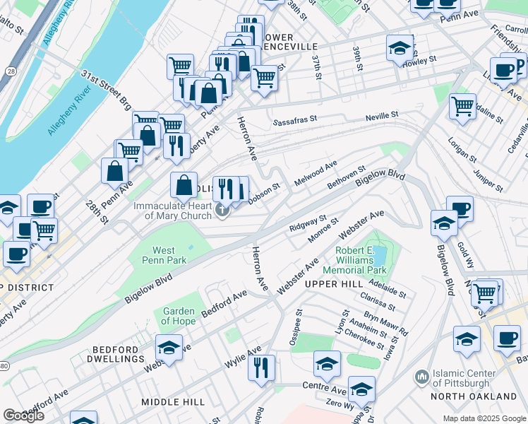 map of restaurants, bars, coffee shops, grocery stores, and more near 3219 Brereton Street in Pittsburgh