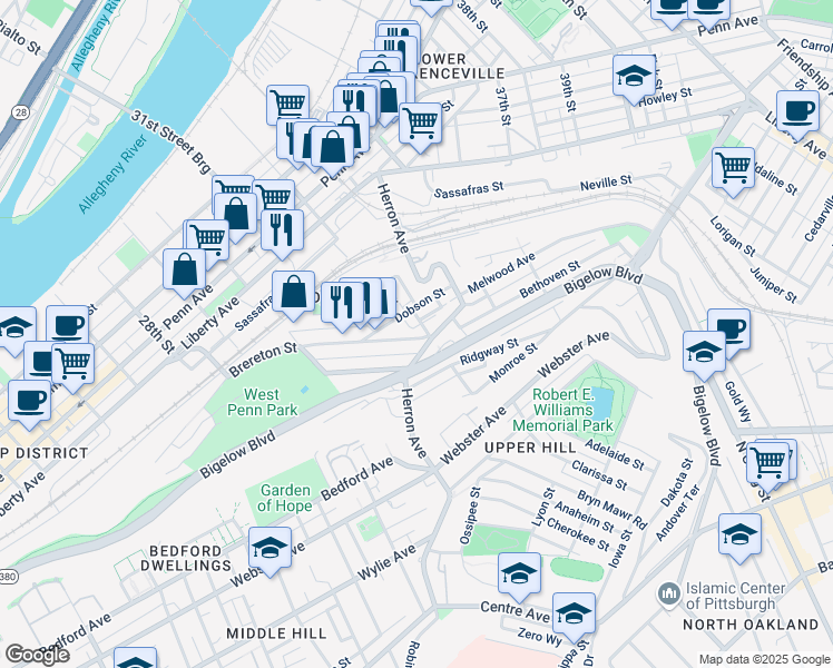 map of restaurants, bars, coffee shops, grocery stores, and more near 3217 Brereton Street in Pittsburgh