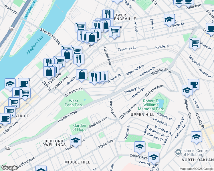 map of restaurants, bars, coffee shops, grocery stores, and more near 3116 Brereton Street in Pittsburgh