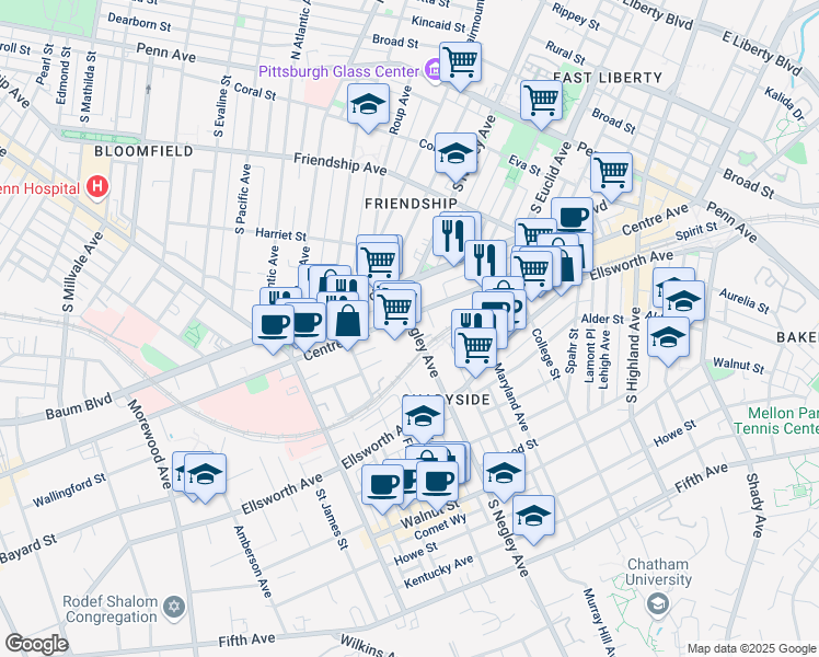 map of restaurants, bars, coffee shops, grocery stores, and more near in Pittsburgh