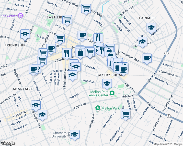 map of restaurants, bars, coffee shops, grocery stores, and more near 6339 Marchand Street in Pittsburgh