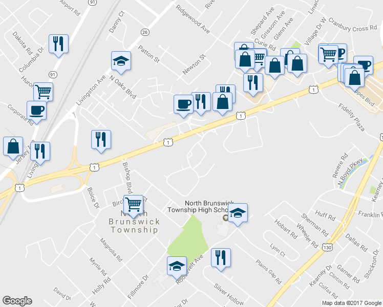 map of restaurants, bars, coffee shops, grocery stores, and more near 72 Delancy Court in North Brunswick Township