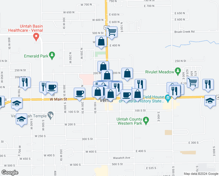 map of restaurants, bars, coffee shops, grocery stores, and more near 90 North Vernal Avenue in Vernal