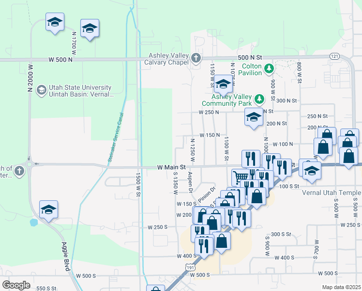 map of restaurants, bars, coffee shops, grocery stores, and more near 1350 West 150 North in Vernal
