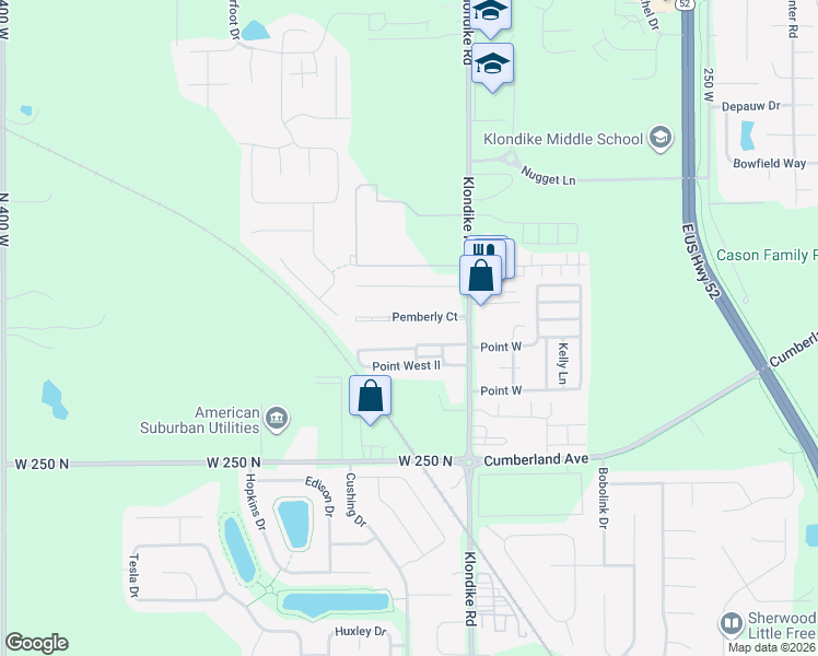 map of restaurants, bars, coffee shops, grocery stores, and more near 3001 Pemberly Court in West Lafayette