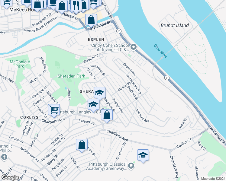 map of restaurants, bars, coffee shops, grocery stores, and more near 3004 Zephyr Avenue in Pittsburgh