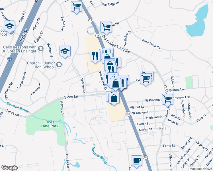map of restaurants, bars, coffee shops, grocery stores, and more near 342 Crosspointe Drive in East Brunswick
