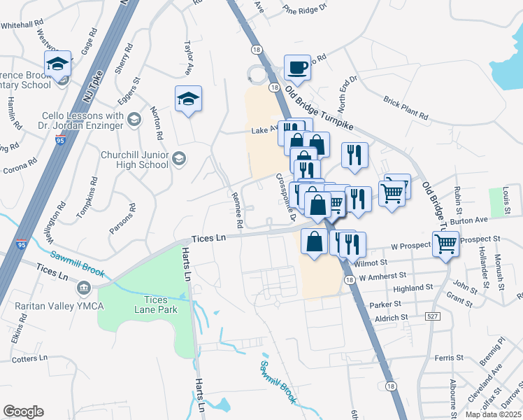 map of restaurants, bars, coffee shops, grocery stores, and more near 23 Lear Court in East Brunswick