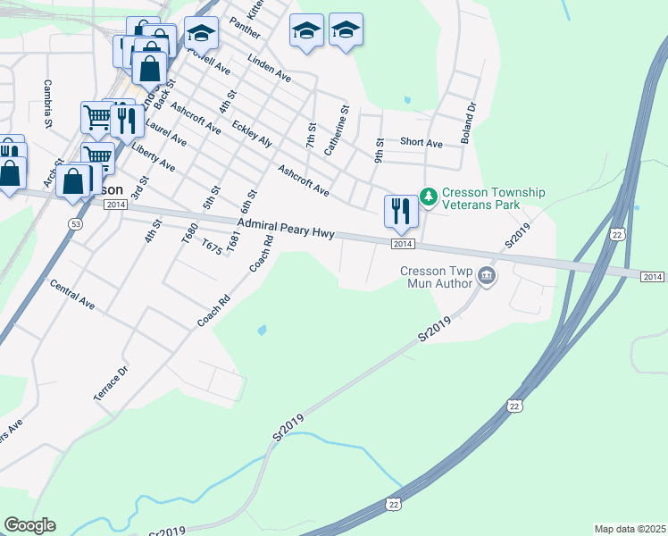 map of restaurants, bars, coffee shops, grocery stores, and more near 7821 Admiral Peary Highway in Cresson